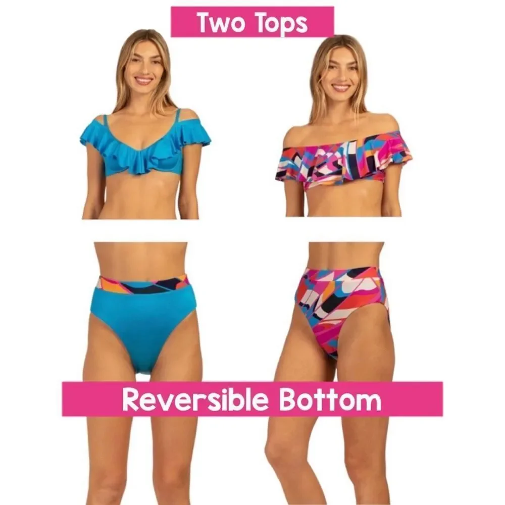 Trina Turk 3 Piece Bikini With REVERSIBLE High Waist Bottom Ruffle Top